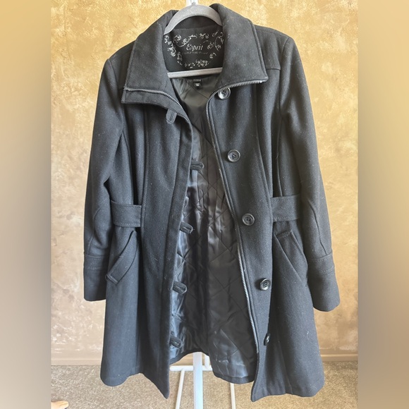 Y2K ESPRIT Wool Coat Black Peacoat for Women Vintage Black Jacket Sz L - Picture 10 of 11